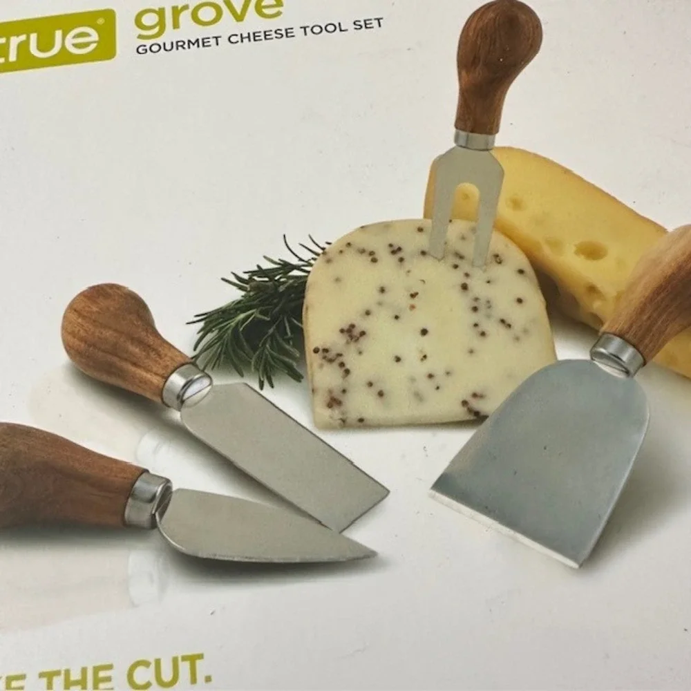 True Grove Gourmet Cheese Tool Set 3 Knives 1 Fork Stainless‎ Steel Acacia Wood